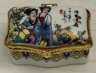 Small Porcelain Rectangular Hinged Lid Trinket Box Decorated with Asian Artwork 