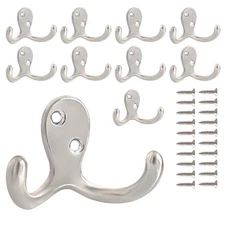 10 Pack Heavy Duty Double Prong Wall Hooks for Coats, Bags, Towels, Silver