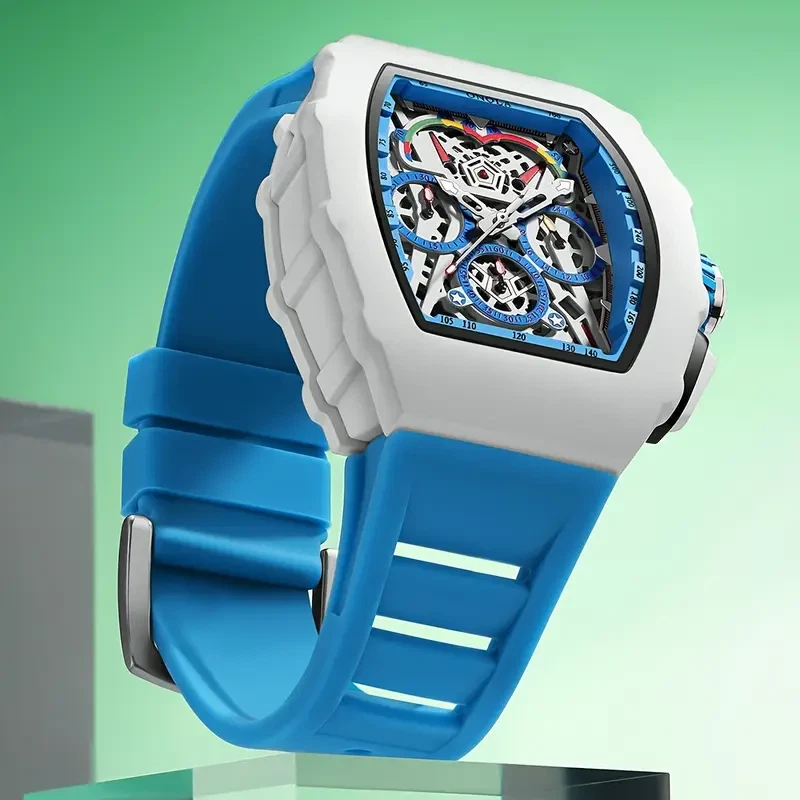 Men's Sporty Barrel-Shaped Quartz Watch Multifunctional Chronograph blue - Picture 2 of 4