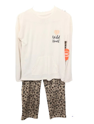 Pajama Set: Wonder Nation 10/12 Girls Plush Leopard Pants-T-Shirt-Wild Heart