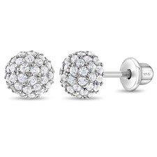 Large Ball of Gems CZ Kids / Girls Earrings Screw Back - Sterling Silver