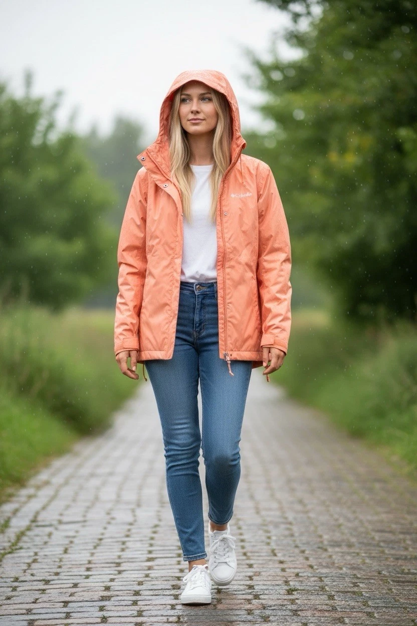 Columbia OmniTech Rain Jacket Hooded Youth M Coral/peach Lightweight Tape Sealed