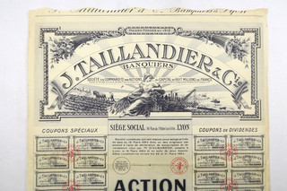 J. TAILLANDIER & CIE / BANQUIERS ACTION DE 500 FRANCS LYON 1924 COUPONS