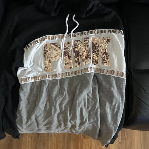 UNDERCOVER Victorias Secret ROSA Felpa con Cappuccio Donna M Nero Grigio Paillettes BLING Felpa B53