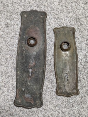 Two Antique Brass Door Skeleton Key Back Plates 1 Large 1 Medium