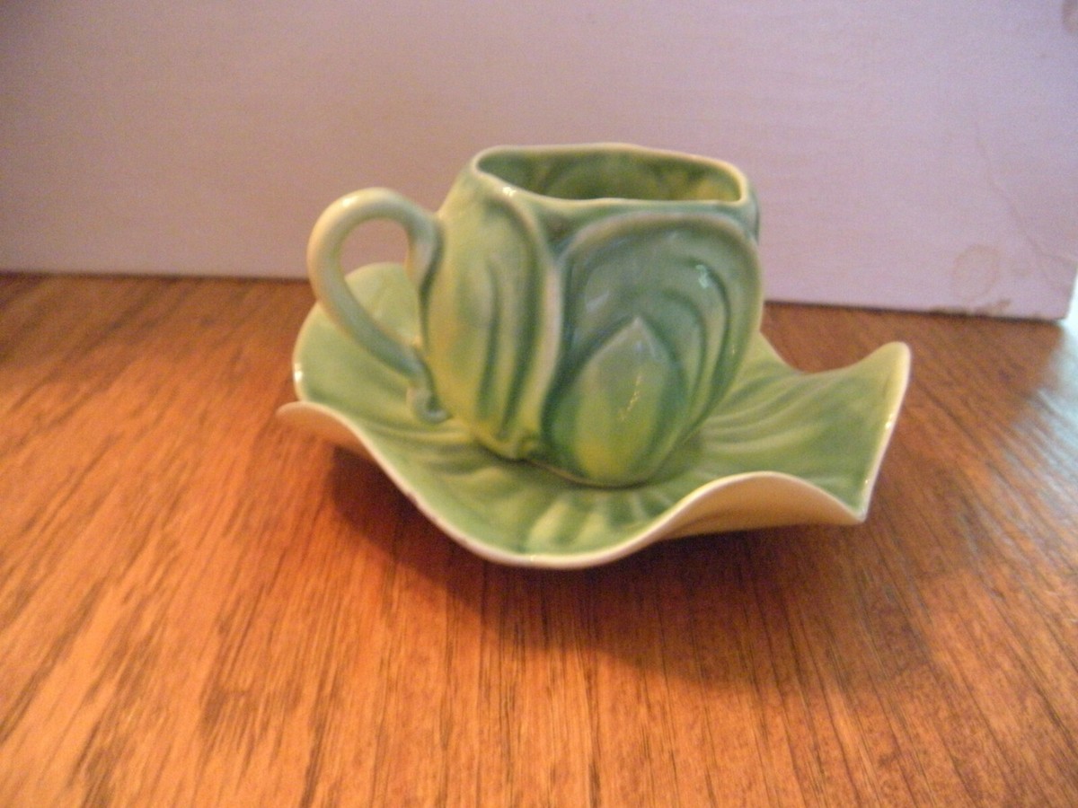 Antique Kipp Ceramics Small Cup And Saucer Set Green 1947 Vintage