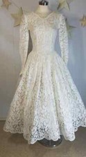 Vtg 50s Unlined Sheer Lace Wedding Dress Full Skirt Fitted Bodice Tea Length XS