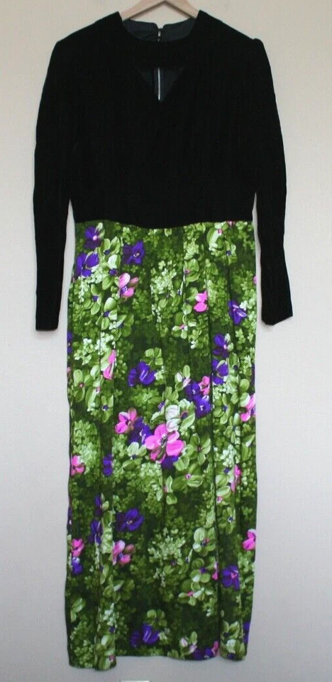 Maxi Vestido Vintage Mod Negro Terciopelo Verde Rosa Floral Grande 12 14 60s 70s Foto 2 de 4