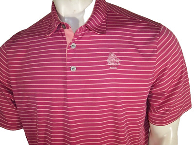 New Ashworth L (Medium in USA) Red Striped Poly Golf Shirt Essex Fells Logo