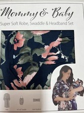 Mommy  Baby Soft Maternity Robe, Baby Swaddle  Headband Set S/M Navy Floral