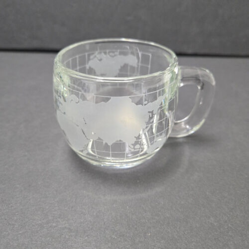 Vintage Nestle Coffee Cup Etched Clear Glass World Globe Map Mug