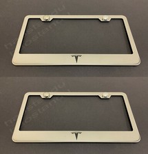 2xteslalogo Stainless Chrome License Plate Frame Wscrew Caps