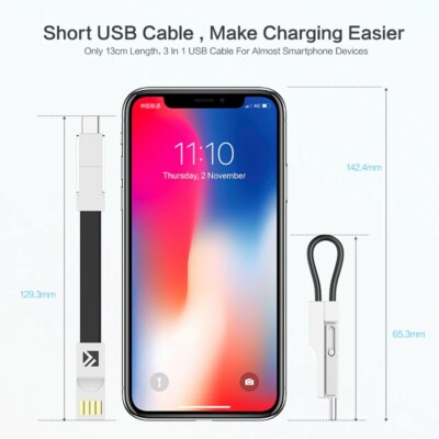 3 In1 Key Chain USB Cable Key Ring Charging Sync Cord For iPhone Android Type-C