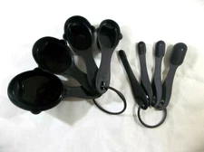 Set of 4 Black Dry/Liquid Measuring Cups and 4 Measuring Spoons w/ Ring Holders