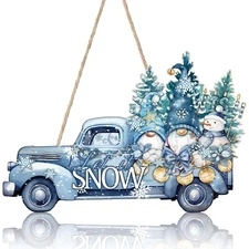 Winter Door Decor Let It Snow Truck Sign Winter Wooden Wreath Truck Gnome Pin...