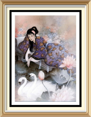 Rahmenfertig montiert 7x5 Druck asiatische Geisha & Schwäne japanisch