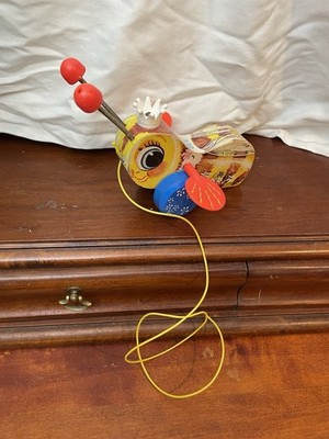 Vintage Fisher Price Queen Buzzy Bee Wooden Pull Toy, With Pull String