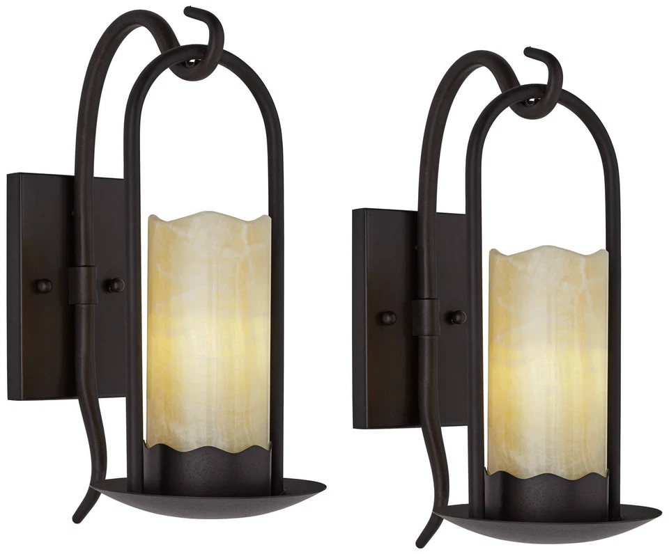 Juego de 2 apliques de pared Franklin Iron Rústico Onyx 14 1/2" imitación vela Foto 2 de 4