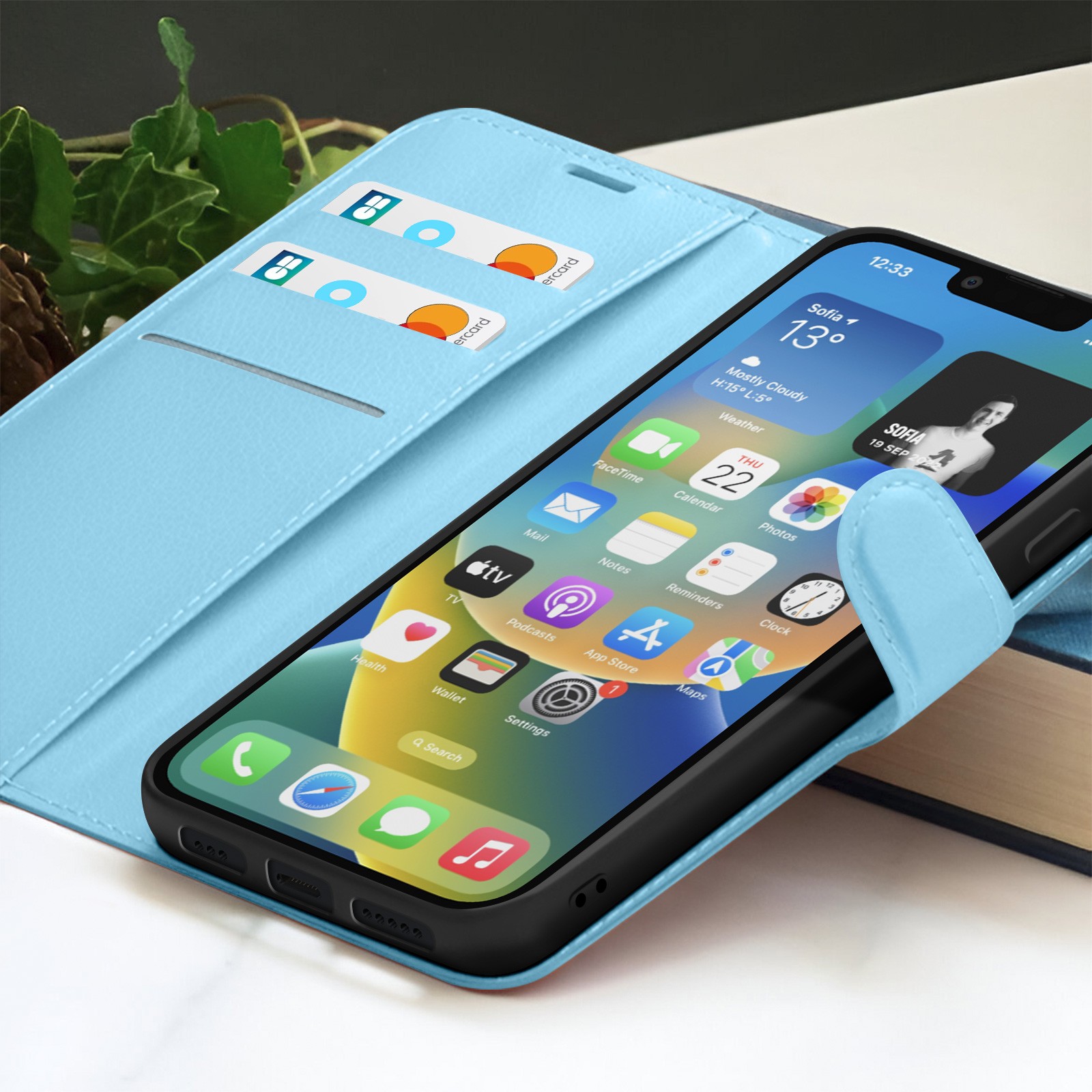 Coque portefeuille iPhone 14 Plus support bleu clair Zanaé - 4