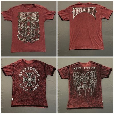 Affliction Shirt Mens XL Red Tie Dye Reversible Double Sided Cross Gothic Grunge