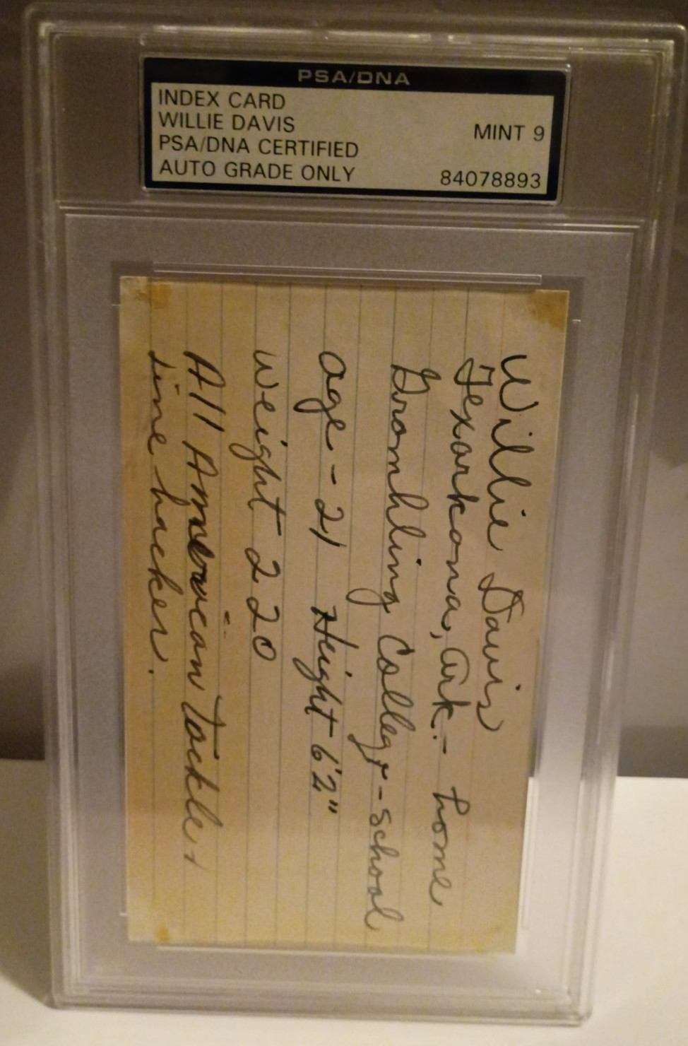 Willie Davis- Index Card -PSA/DNA Certified -Autograph with Pedigree Info- PSA 9