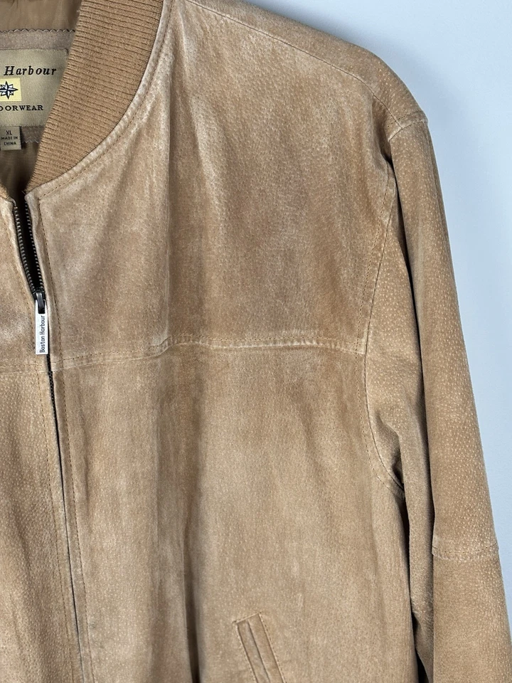 Boston Harbour Bomber Jacket Camel Leather Suede Band Collar Zip Pockets XL FLAW - Image 3 of 4