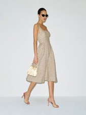 NEW Reformation Roma Midi Linen Dress Dunes Check Gingham Tan White | US 0 UK 4