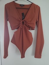 NWT Lulu's Rust/Orange Bodysuit with Waist Slit Long Sleeve Top New Large