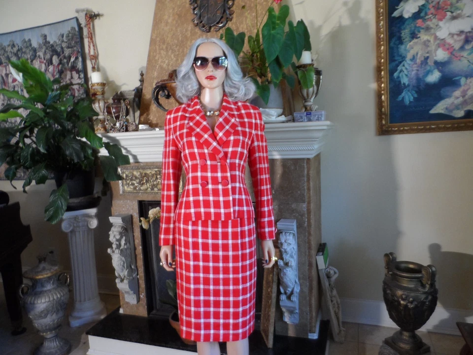 Traje Falda Christian Dior Rojo/Blanco Cuadros Doble Pecho Talla 6 Foto 2 de 4