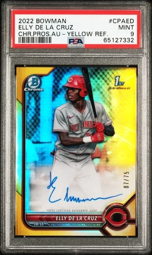 2022 BOWMAN CHROME PRSPCT AUTOS YELLOW REFRACTOR ELLY DE LA CRUZ 7/75 PSA 9 AUTO