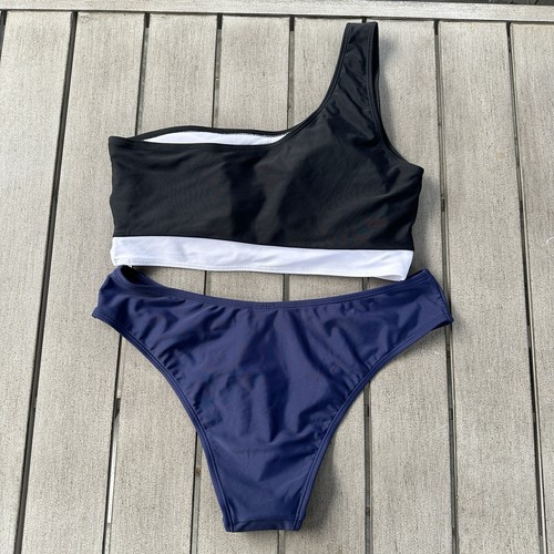 Swimsuit One Shoulder Bikini Top Black White Bikini Bottom Blue Sz Large Shekini - Picture 3 of 9