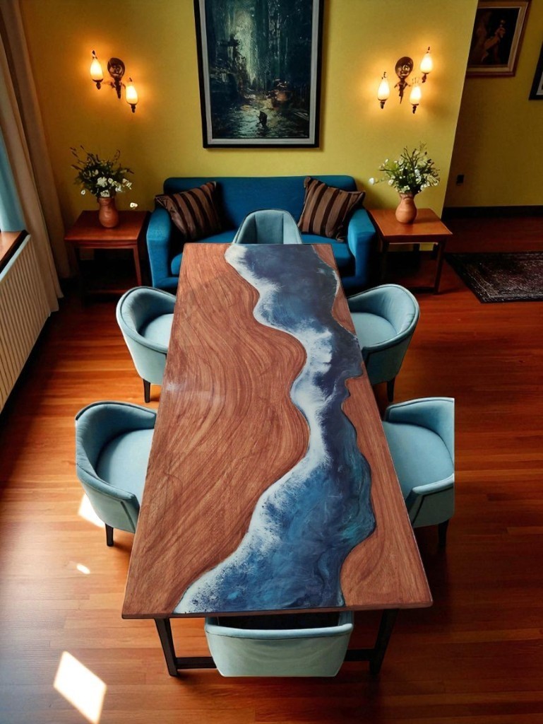 48x30 Ocean Wave Resin Epoxy Live Edge Wood Dining Table Top for Home Decor-image