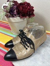 Vintage CHANEL Beige Leather Ballet Black Cap Toe Flats Womens Size EU 38.5 US 8