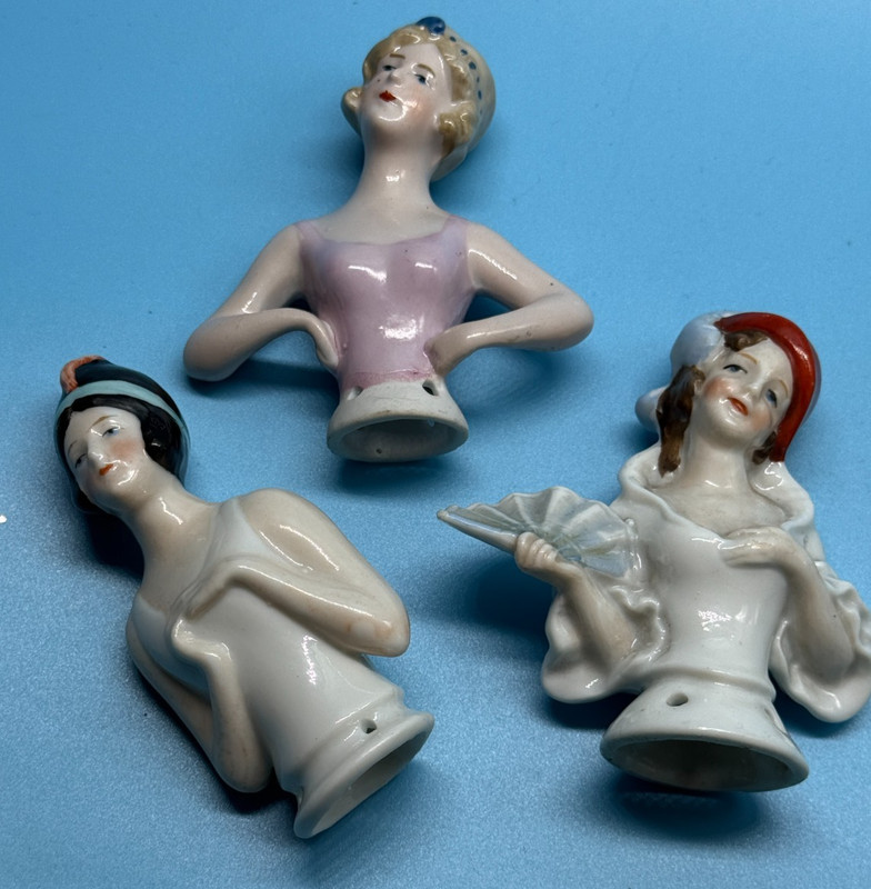 3 ANTIQUE GermanART DECO  3" Porcelain Pincushion Half Doll Flappers SIGNED