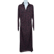 Madewell Long-Sleeve Abstract Floral Slim Polo Midi Dress XL In Deep Aubergine