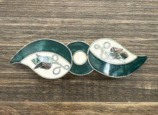 Vintage Mexican Alpaca Hair Barrette Abalone MOP Inlay Patina 4 Inches Green