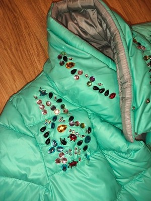 Qi Hong Yun Embellished Puffer Jacket - Mint Green/Teal Gem Accent Size XXL