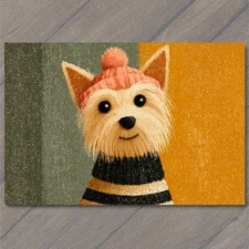 POSTCARD Yorkshire Terrier Dog Pink Hat Sweater Striped Tan Black Cute Winter