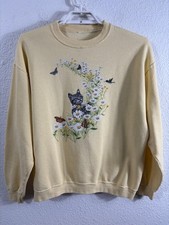 Vintage Sweatshirt Womens Large Yellow Cat Daisies Butterfly Graphic Crewneck