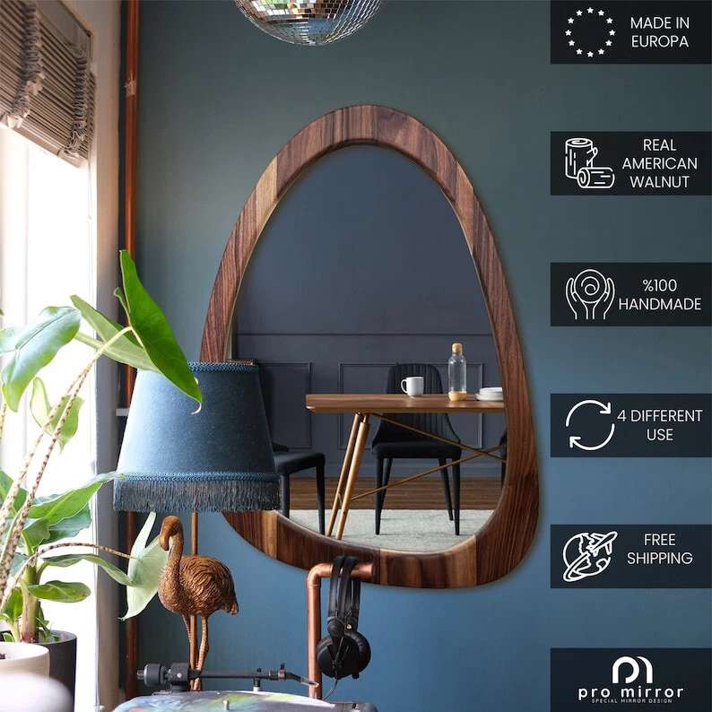 Espejo de pared asimétrico Mid Century orgánico irregular roble real nogal americano Foto 4 de 4