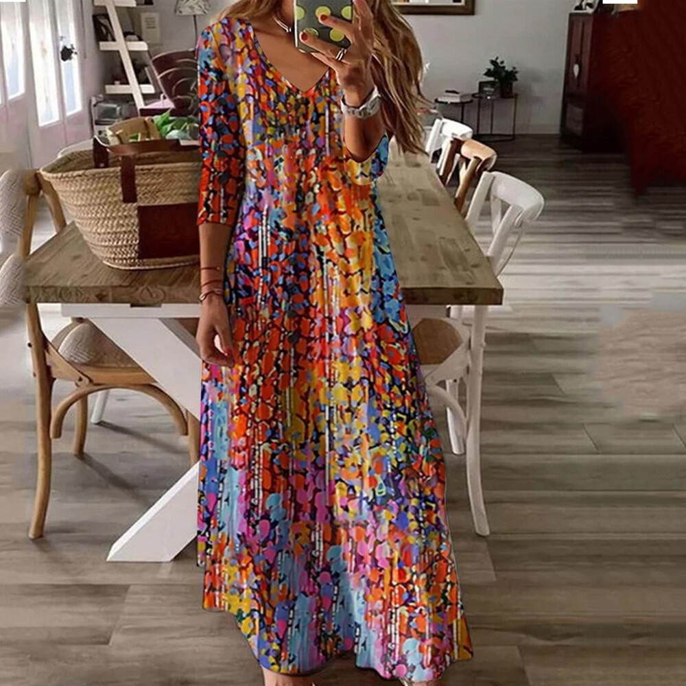 Boho Femmes Col En V À Manches Longues Décontracté Robe Maxi Dames Fête ...