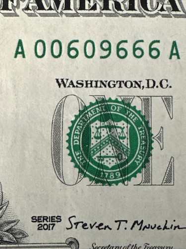 TRINARY, FLIPPER & TRIPLE 6 in $1 Dollar Bill, UNIQUE SERIAL NUMBER A 00609666 A