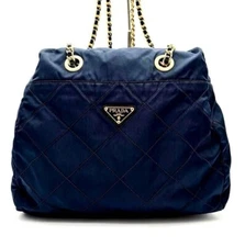 PRADA Chain Tote Bag Nylon Dark Navy Gold Auth 0126