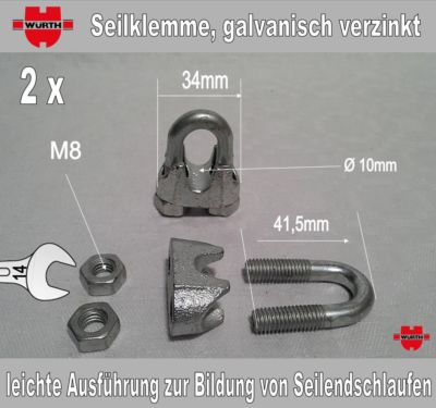 2 Stück Seilklemme, Drahtseilklemmen, Stahl, galvanisch verzinkt, ähnl. DIN 741 