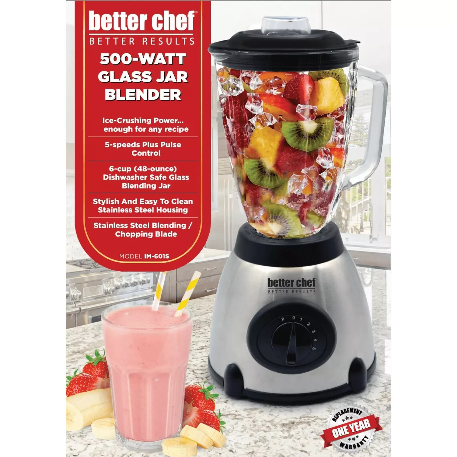 Better Chef 500W 5-Speed Glass Jar Blender w Stainless Steel Base, Pulse Control