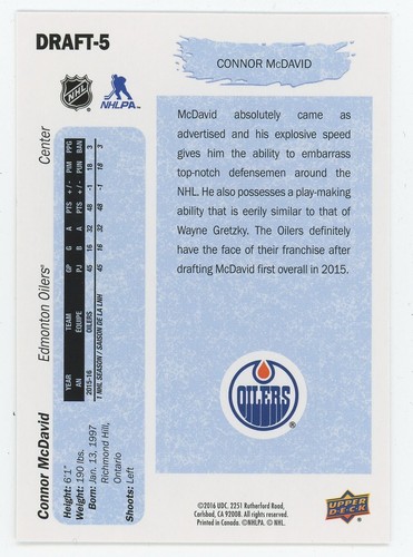 2016-17 Upper Deck Top Draft Pick Connor McDavid Draft-5 Oilers d'Edmonton - Photo 2 sur 3