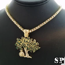 Hip Hop Money Bag Tree Charm & 4mm 18" 1 Row Lab Diamond Tennis Choker Chain Set