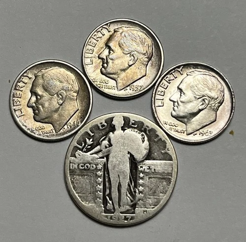 3 Roosevelt dimes, & Standing Liberty Quarter ** 90% silver coins **  4 COIN LOT