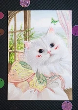 ACEO OOAK ORIGINAL 1 of 1 HAND-DRAWN SKETCH Regal White Cat, signed by artist!