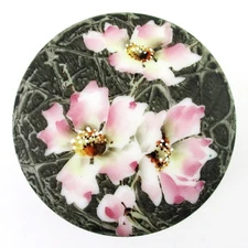 Antique KELVA - MIRROR in LID - JEWELRY Box - Black w/PINK Flowers - WAVE CREST